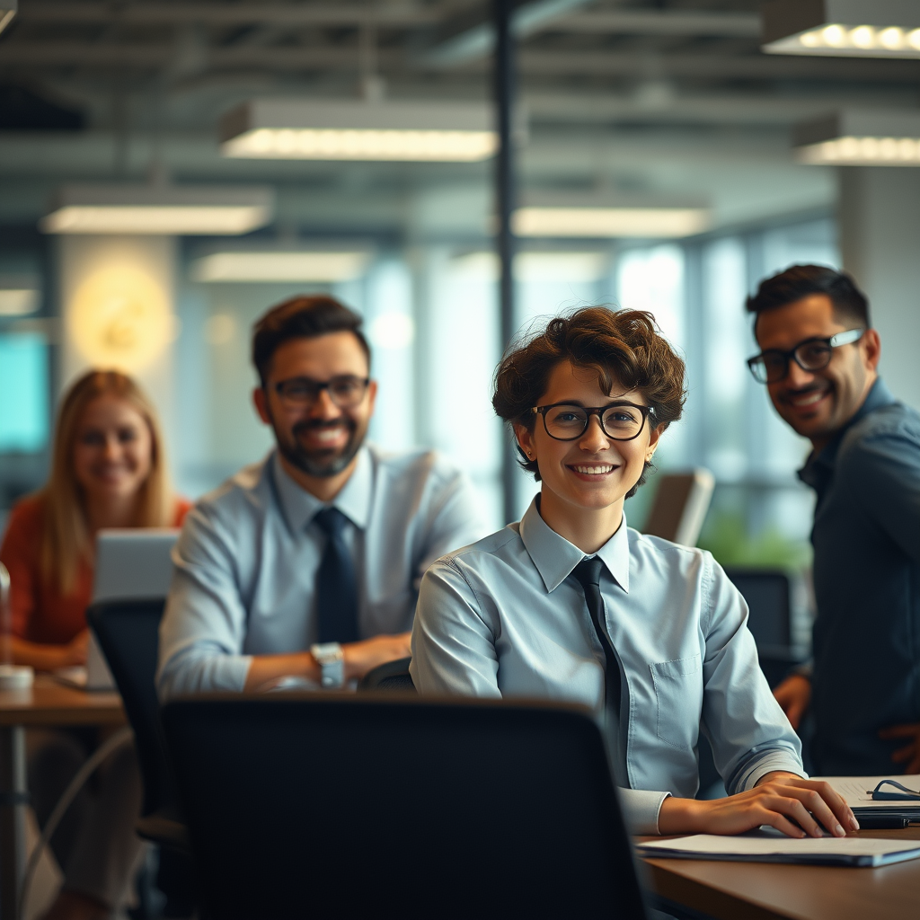 a group of people in an office working together as a team